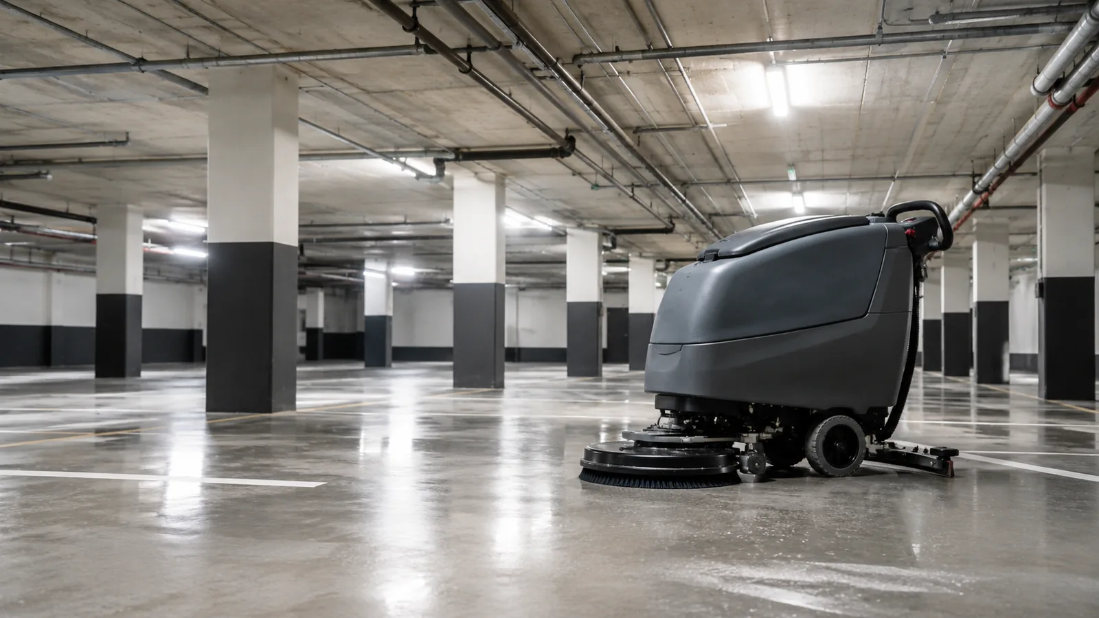Maschinelle Tiefgaragenreinigung: Scheuersaugmaschine auf frisch gereinigter Fahrfläche einer Tiefgarage